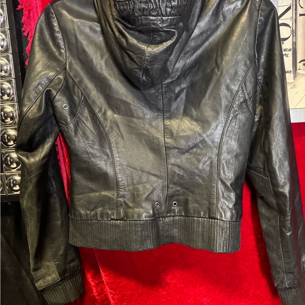 Black Leather Hooded Jacket - Picture 3 of 10